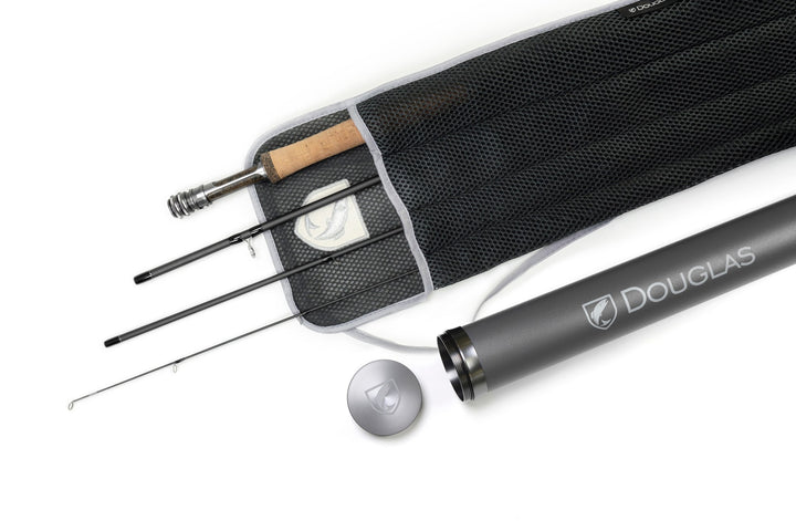 Douglas Sky G fly rod with its tube and cloth sock, sections laid out