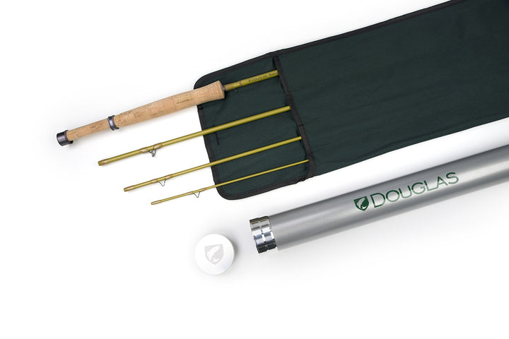 Douglas Upstream fly rod with its tube and cloth sock, sections laid out