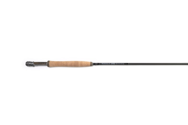 Douglas Sky G fly rod assembled, showing the black blank and cork grip