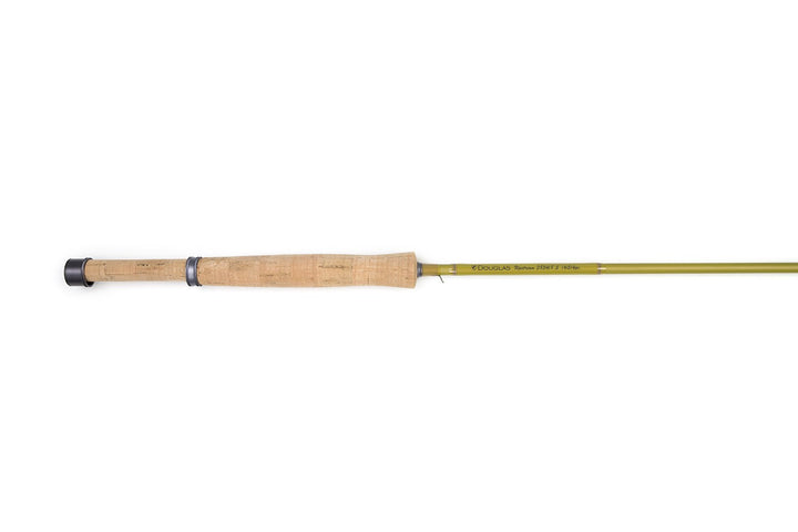 Douglas Upstream fly rod assembled, showing the olive blank and cork grip