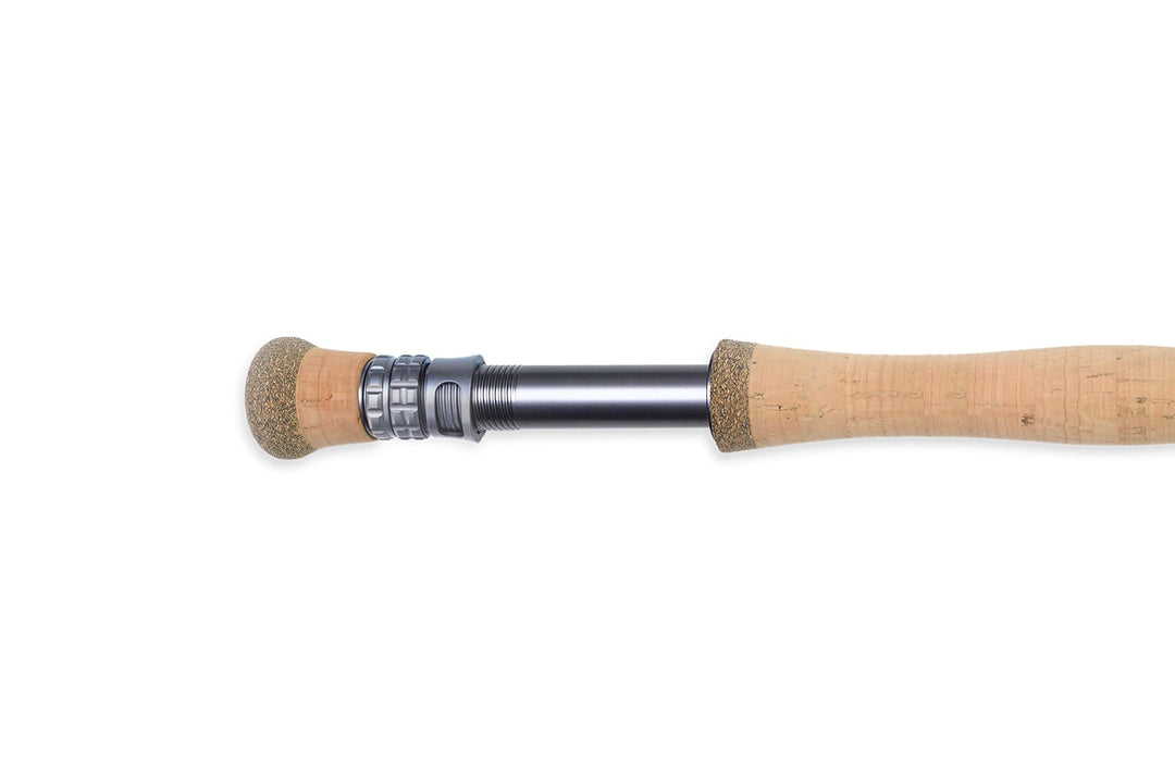 Reel seat and cork grip detail on a Douglas Sky G fly rod