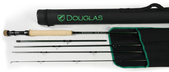 Douglas DXF Gen 2 fly rod with its Cordura tube and cloth sock, four sections laid out