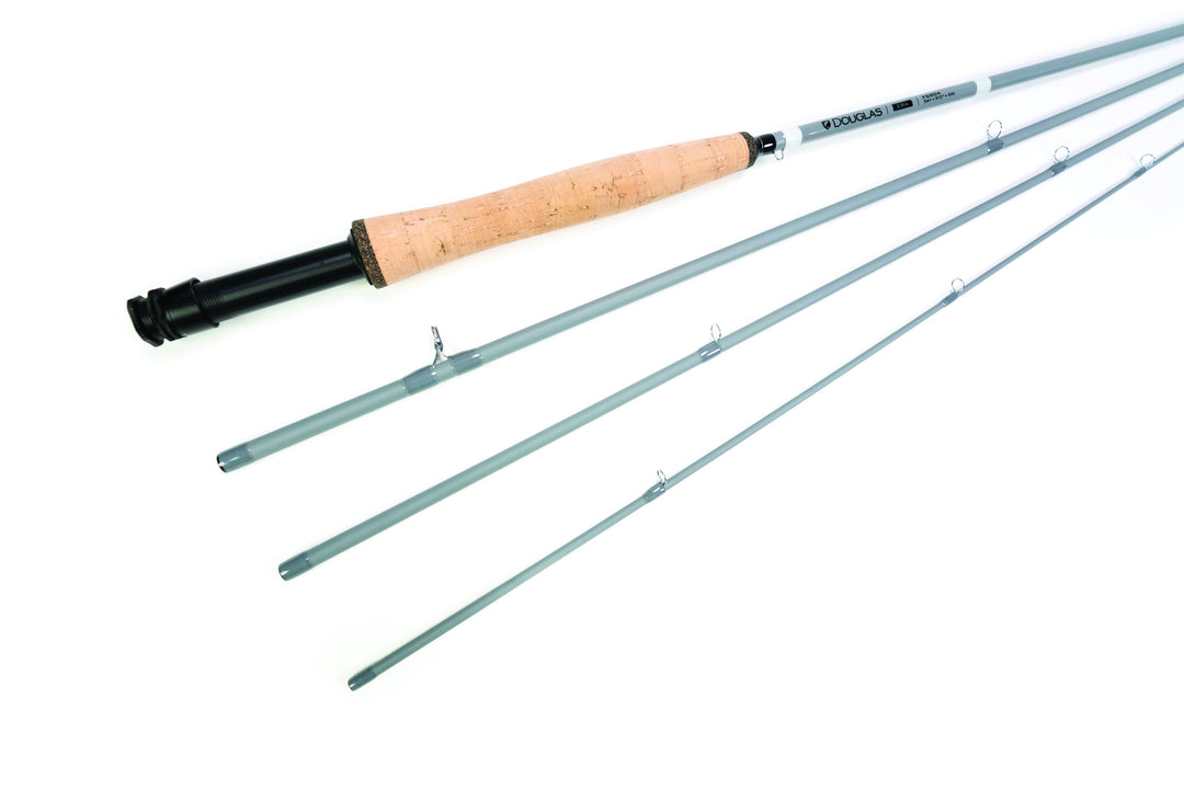 Douglas ERA fly rod, four sections fanned out, showing the seafoam blank and cork grip