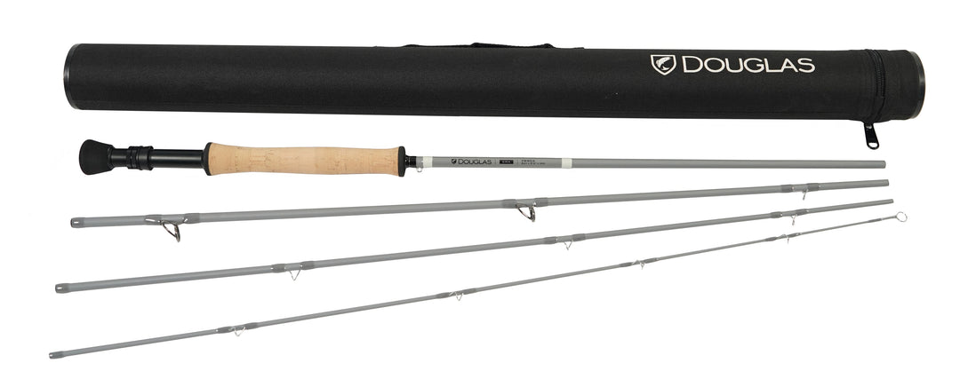 Douglas ERA fly rod with its rod tube and four sections laid out