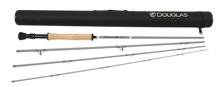 Douglas ERA fly rod with its rod tube and four sections laid out